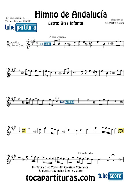  Partitura de El Himno de Andalucía para Saxofón Alto, barítono y trompa o corno en mi bemol, Barítono Letra de Blas Infante y Música de José del Castillo Sheets Music Alto and Baritone Saxophone, horn Music Scores Himno de Andalucía + partituras de tu Himno Nacional aquí