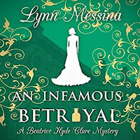 An Infamous Betrayal: A Regency Cozy audiobook cover. An elegant silhouette of a lady on a green and gold filigree background. 