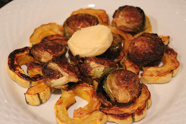 Maple buttered roasted squash and brussels sprouts