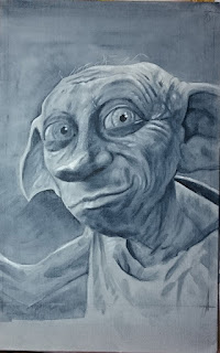 The completed underpainting of Dobby from Harry Potter - Robin Springett