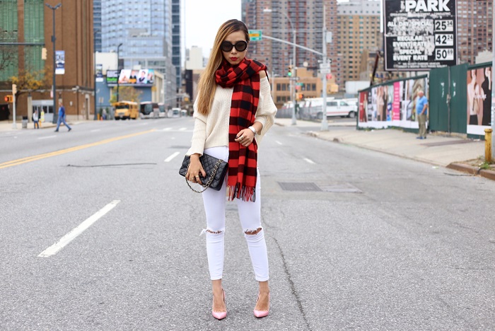 Madewell buffalo check cape scarf, asos ripped jeans, chanel classic flap bag, hermes bracelet, chanel earrings, chanel brooch, white sweater, christian louboutin so kate pink pumps, nyc blogger, fall essential, how to, singles day sale, prada retro sunglasses