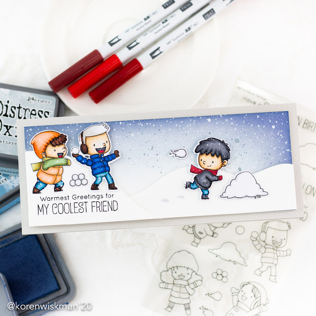 my favorite things, tombow, alcohol markers, card, greeting, mftstamps, ink blending, rangerink, birdie brown, blue, snowball fight, slimline, snow scene, ink splatter, koren wiskman, coloring, kolour map