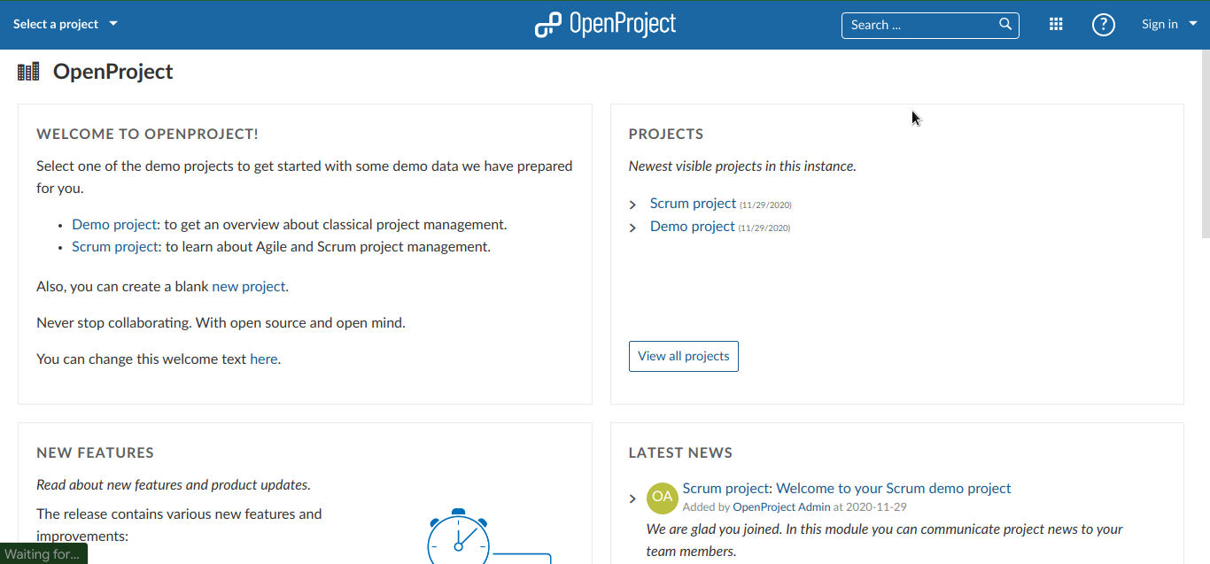 Tampilan awal OpenProject