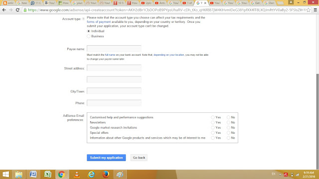 Youtube to adsense submit my information page - paise kaise kamaye