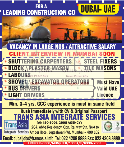Leading construction co Jobs for Dubai & UAE