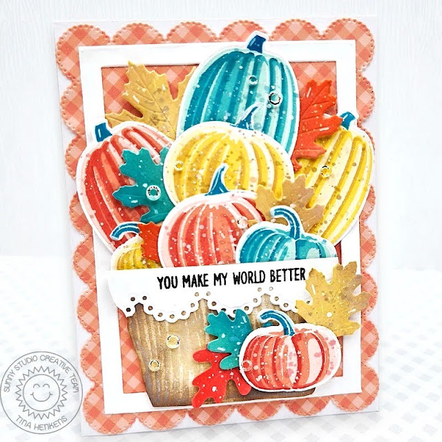 Sunny Studio Stamps: Pretty Pumpkins Fall Themed Card by Tina Henkens (featuring Layered Basket, Frilly Frame Dies, Autumn Greenery Dies, Ribbon & Lace Border Dies)