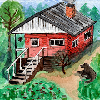 Red cabin in forest watercolor painting