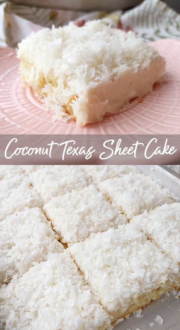 A two photo collage of Coconut Texas Sheet Cake. Top photo is a piece of the cake on a pink plate. Bottom photo is the cake cut into pieces in the baking pan - by South Your Mouth