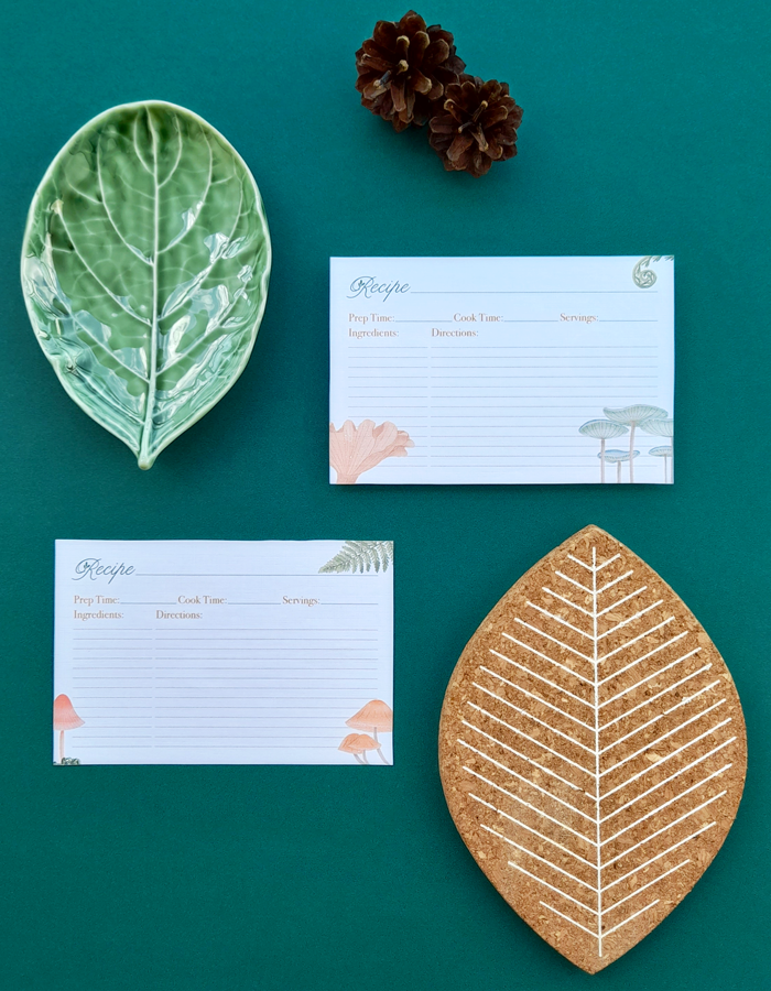 recipe cards, cooking, kitchen, gifts, pine cones, leaf plate, cork leaves, mushrooms, ferns, fungus, illustrated, illustration, nature