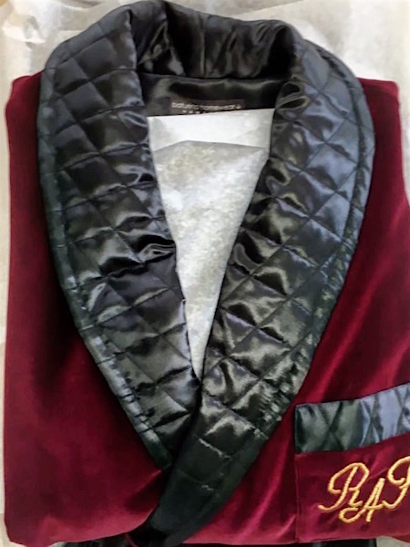 mens burgundy velvet smoking jacket quilted collar traditional smoker robe monogram