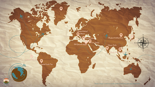 A world map with pins for each site labelled with their names. Map is for decorative purposes only.