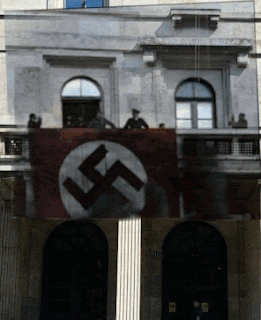 Hitler and Mussolini on the Führer balcony with me managing to sneak on top for a pic with the flags of the four participating countries at the 1938 Munich Conference hanging from the balconies. Hitler and Mussolini on the Führer balcony with me managing to sneak on top for a pic with the flags of the four participating countries at the 1938 Munich Conference hanging from the balconies.