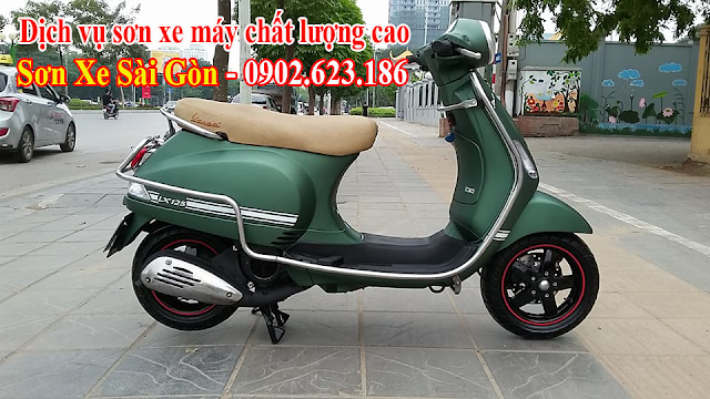 Mẫu sơn xe Vespa LX màu xanh rêu nhám cực đẹp