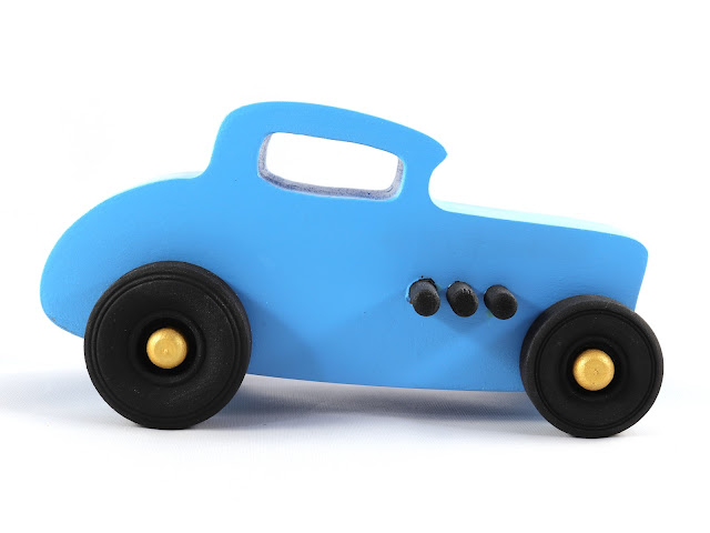 Wood Toy Car, Hot Rod 1932 Deuce Coupe, Handmade and Finished with Baby Blue, Black, and Metallic Gold Acrylic Paint
