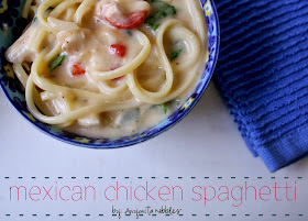 A bowl of creamy Mexican chicken spaghetti ready in under 20 minutes and filling!