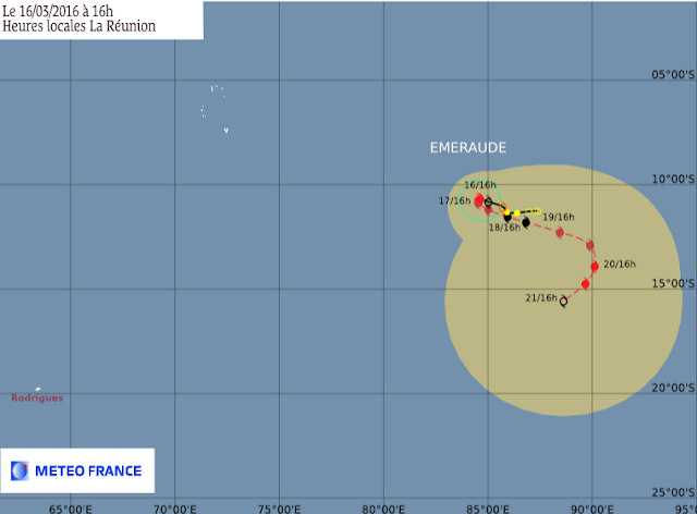 Trajectoire et intensité du cyclone tropical Emeraude