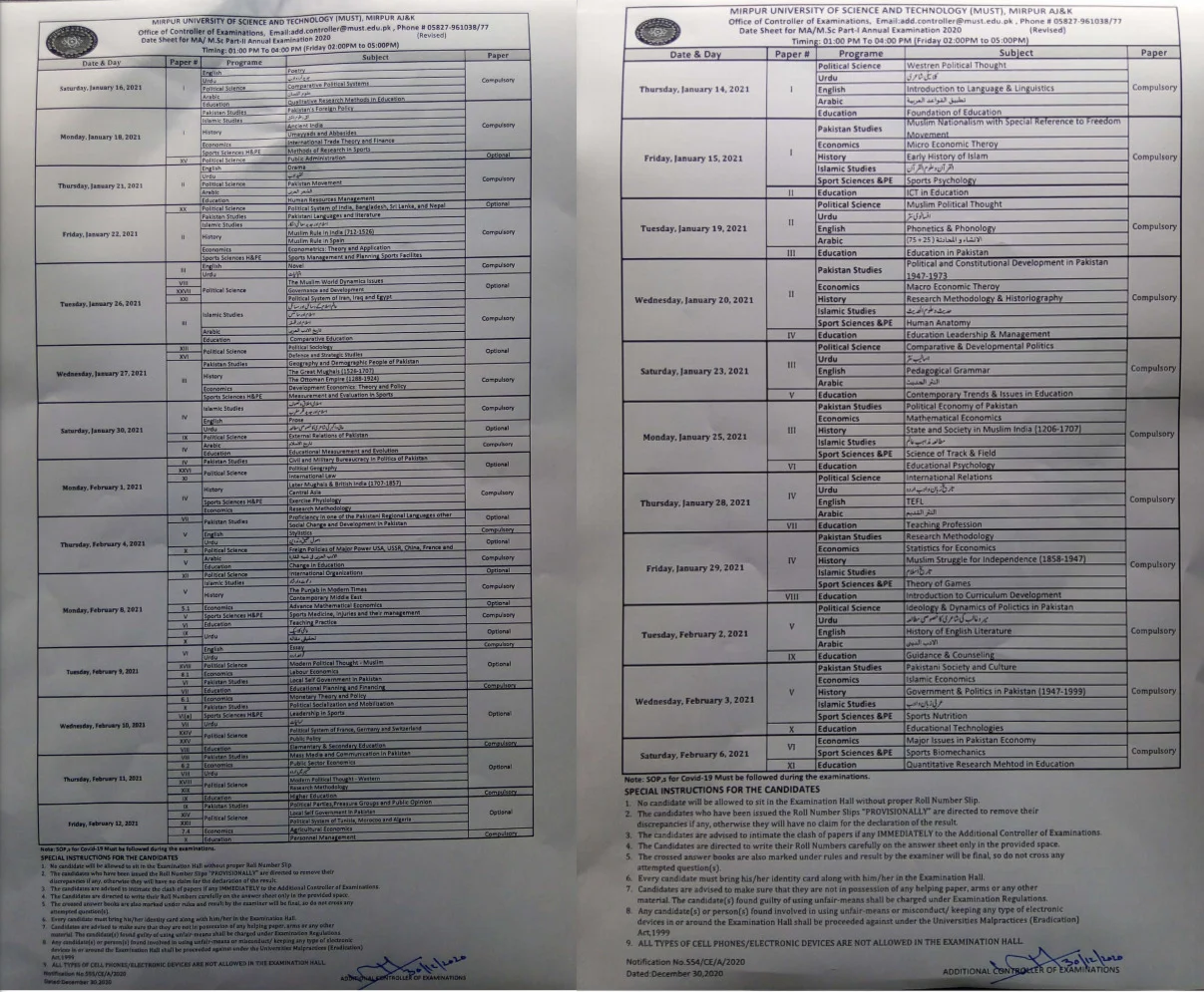 MUST Date Sheet ma msc part 2 2020