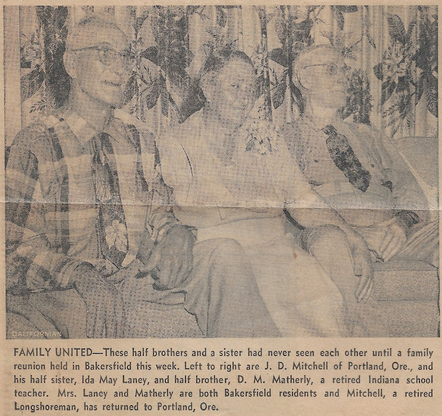 A portion of a newspaper clipping about David Matherly, his sister Ida Laney and their half brother J.D. Mitchel.