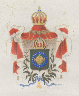 Armas Nacionais no timbre da Lei Áurea. Note-se que os ramos de cafeeiro e tabaco estão atados pela fita da Imperial Ordem do Cruzeiro (imagem disponível no Arquivo Nacional).
