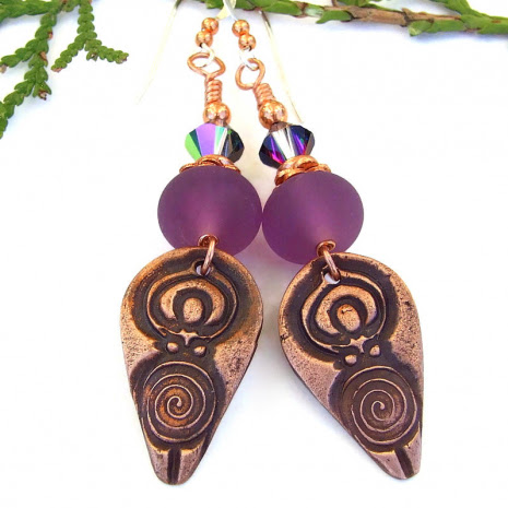 pagan spiral goddess handmade earrings purple lampwork swarovski crystals
