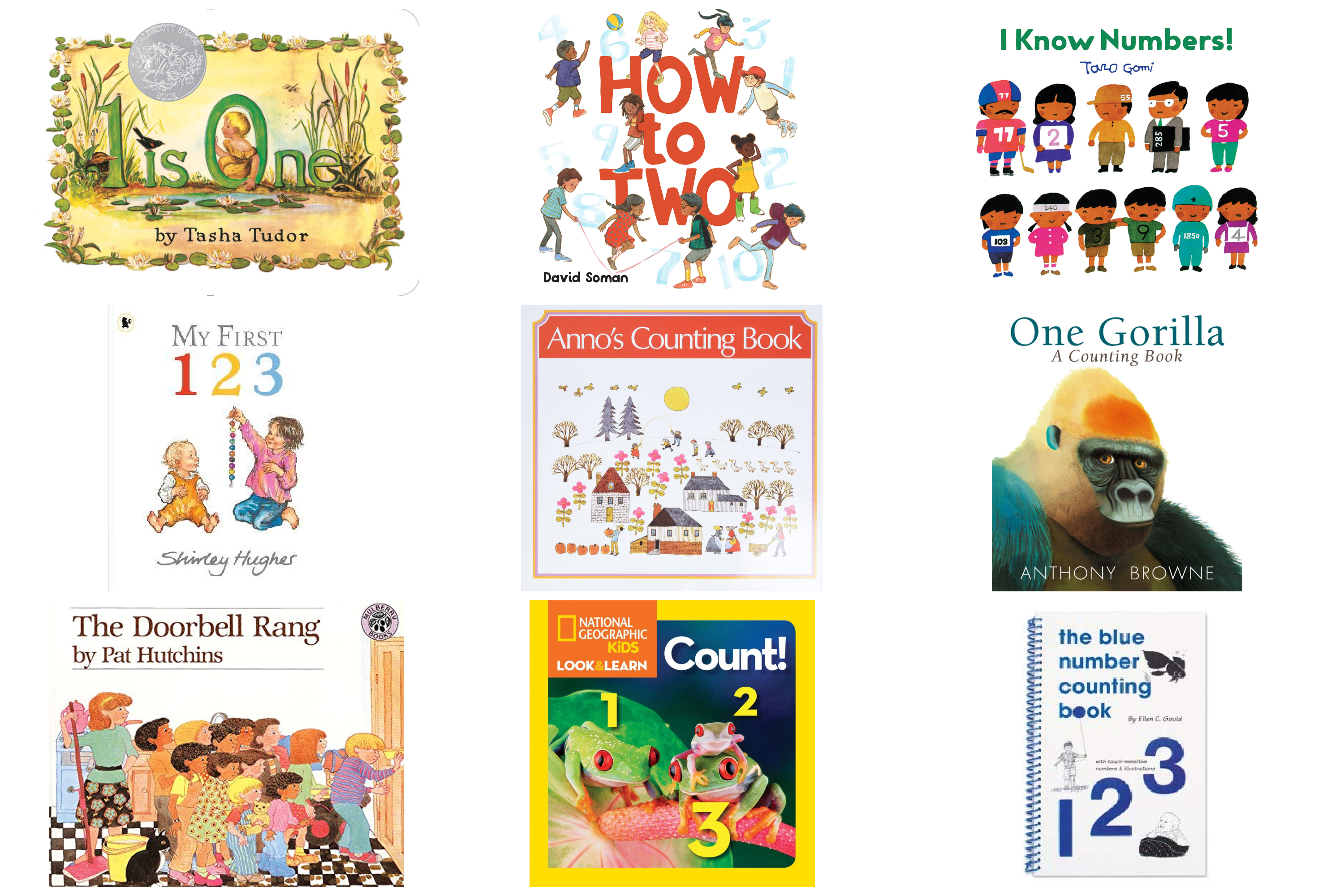 A collage of Montessori Friendly counting books for toddlers and preschoolers.