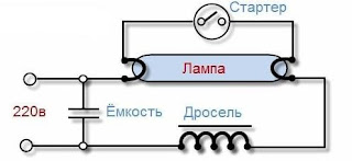 Схема подключения люминесцентной лампы по элементам