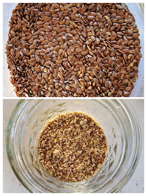 Image Description: Collage image: Top image - a downward facing image of whole flax seeds; Bottom image: a downward facing image of a small amount of ground flax seed in a glass jar.