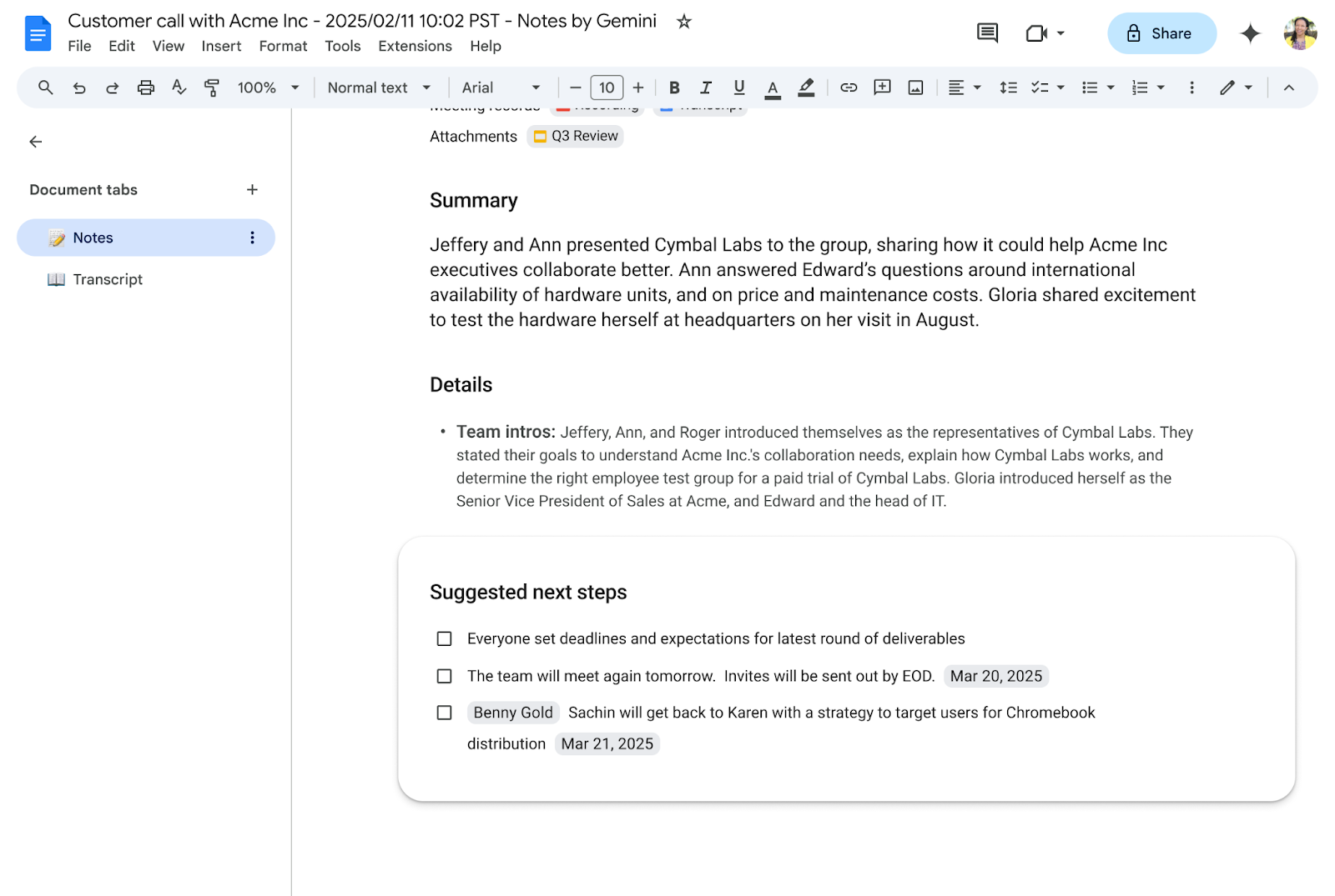 Documento de Google generado por Gemini después de una reunión en Google Meet con la opción "Toma notas por mi" activa. En ella se muestran los detalles de la reunión y los "próximos pasos" a seguir.