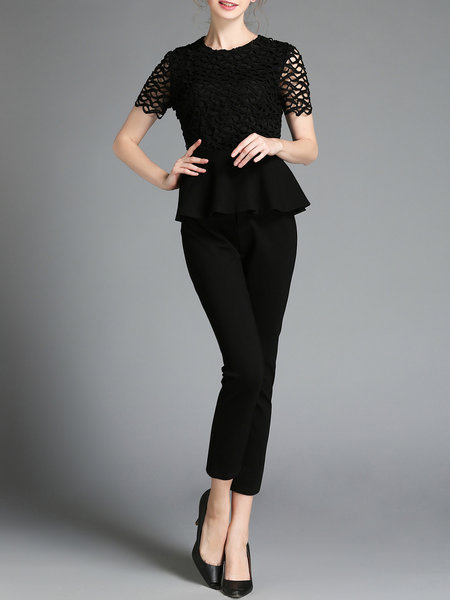  Black Two Piece Crew Neck Ruffled Work Jumpsuit