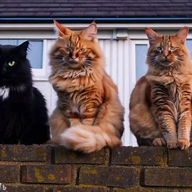 3 Cats sat on a wall.