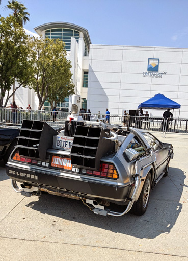 A replica of BACK TO THE FUTURE's DeLorean on display at Comic Con Revolution in Ontario, CA...on May 20, 2023.