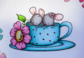 Floral card with mice in a teacup (image from Stamping Bella)