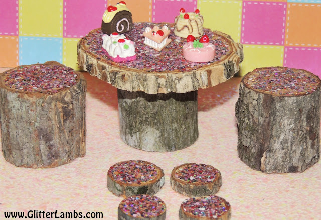 DIY Miniature Doll Wooden Garden Table Chairs Stepping Stones, Wood slice stepping stone pathway, Miniature Wood Table Chairs, Glitter Paint For Crafts, 