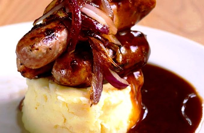 Bangers and Mash with Roast Onion & Red Wine Gravy