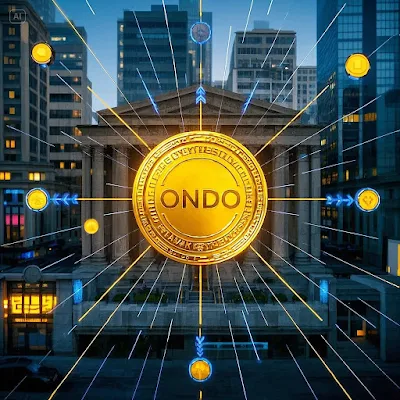 전통 금융 기관과 디파이 프로토콜이 연결되는 이미지, 그 중심에 ONDO 코인 로고