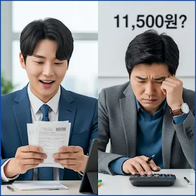 2026년 최저임금 11,500원 인상안을 두고 기뻐하는 직장인과 걱정하는 자영업자의 상반된 모습.