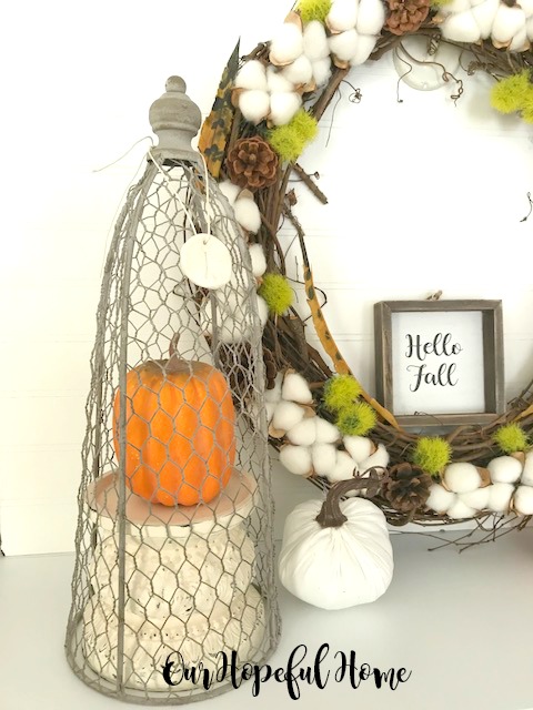 cotton boll wreath pine cones dianthus feathers pumpkins hello fall sign