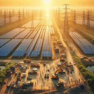 Solar park under development in Kanpur, workers installing photovoltaic panels.