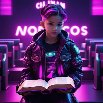 Photorealistic picture of a young, futuristic-looking girl. She is wearing a leather or pvc coat with pockets and patches with glowing outlines and letters on them. Her black T-shirt also has glowing letters. She is holding a purple-covered  Bible in her lap. The edges of church pews can be seen at the sides, and there are neon letters behind her on the wall (not real words). The whole scene is lit with strong magenta and cyan lighting.