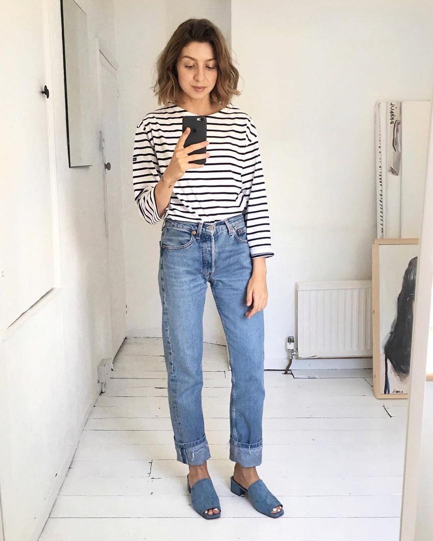 5 Casual-Cool Ways to Wear a Striped T-Shirt for Spring — Brittany Bathgate Instagram Outfit Ideas with cuffed jeans and blue suede mule sandals