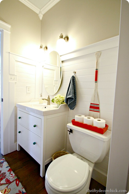 wood planked wall bathroom 