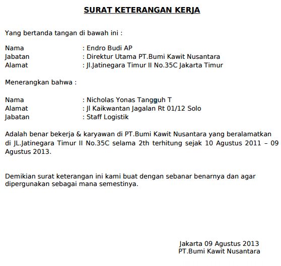 Contoh Surat Keterangan Kerja Karyawan Perusahaan Swasta ...
