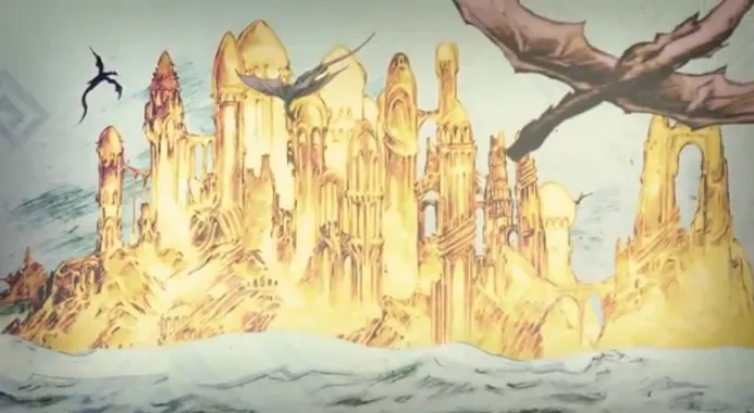 A mythical artwork showcasing the ancient Valyrian civilization, known for its mastery of dragons and magic