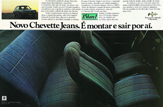 Propaganda de lançamento do novo modelo de Chevette apresentado nos anos 70: bancos revestidos com jeans.