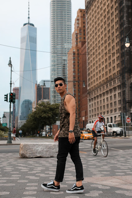 Leo Chan, Levitate Style, wearing Camo Shirt and Black Jeans in NYC | Asian Model, Asian Blogger