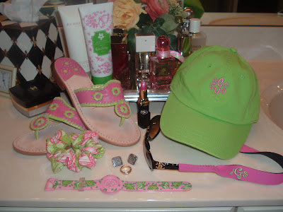 The cute pink croakies monogrammed in lime green are from ThePinkAzalea