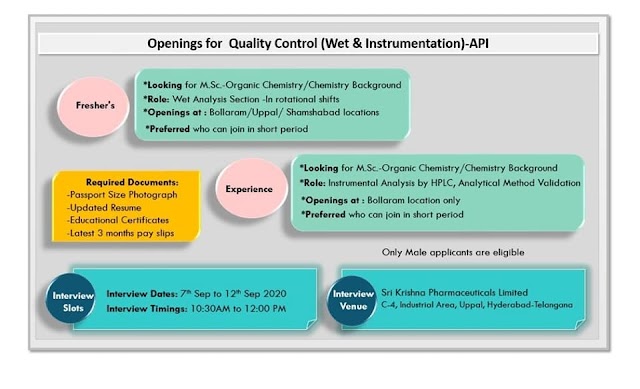 Srikrishna Pharma | Walk-in interview for QC (Wet& Instrumentation) on 9 to 12 Sept 2020