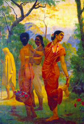 Shakuntala looking back to glimpse Dushyanta painting Raja Ravi Varma