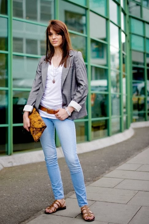 Grey Coat With Top And Jeans ,Cute Clutch