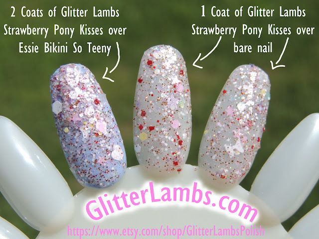 Glitter Lambs "Strawberry Pony Kisses" Nail Polish has an assorted mix of glitters of white opal iridescent hex, white bows, lavender stars, red and white hex, micro pink hex, micro iridescent glitters, pastel colored hex glitters in blues, yellows, and pink, Pink mini stars, white hearts, white leopard spot glitters, micro holographic burnt amber orange glitters.